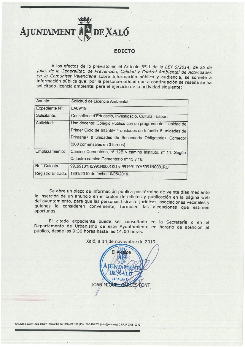 Edicte de llicència ambiental per al col·legi institut